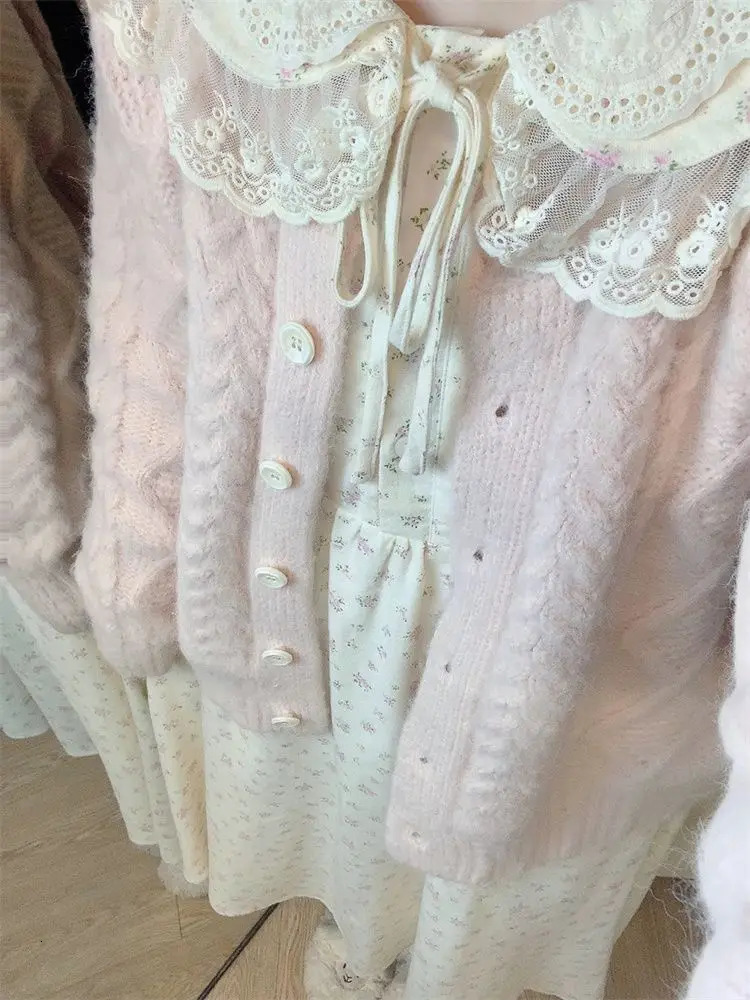 Harajuku Sweet Pink Long Sleeve Knitted Top Y2k Peter Pan Collar Floral Dresses 2024 Autumn Two Piece Sets 241129