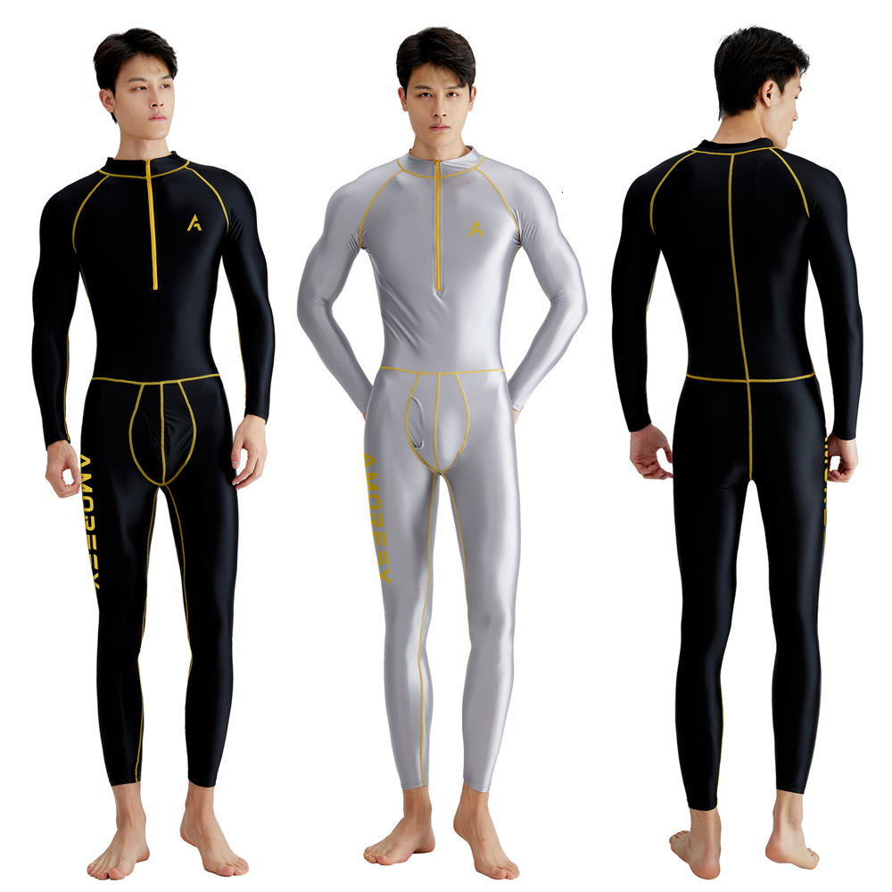 AMORESY Men Tracksuits Sets Tops Leggings Shiny Glossy Sports Fiess Running Front Zippr Overall Catsuit All-Purpose Jumpsuits