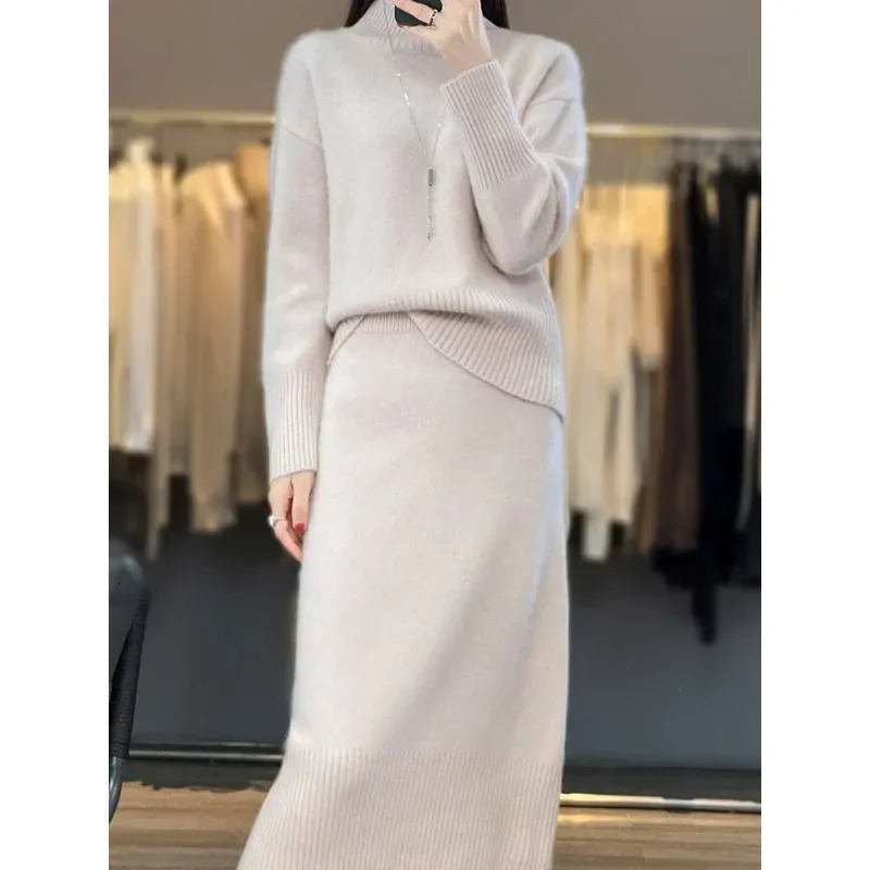 Womens High Collar Sweater Set 2024 AutumnWinter Style Solid Color Simple Leisure Head Base Knitted Dress 241129