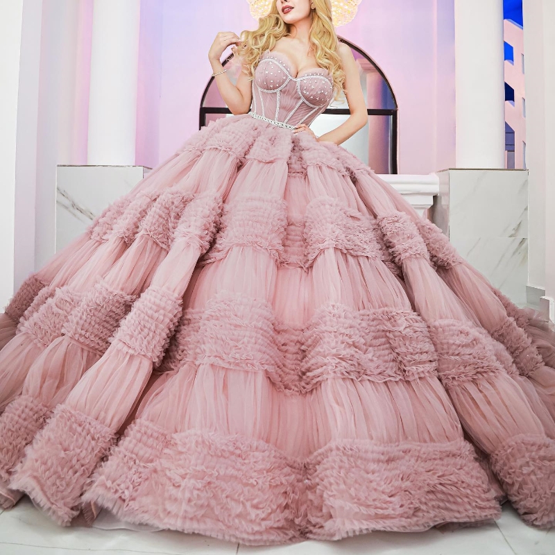 Pink Off The Shoulder Quinceanera Dresses Ball Gown Beads Crystal Tulle Tiered Mexican Sweet 16 Dresses Vestidos De 15 Anos