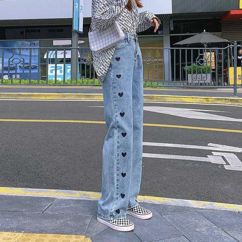 Women's Jeans Retro womens straight pants blue Personty high waisted jeans with heart-shaped print ultra-thin embroidery casual pants H241130