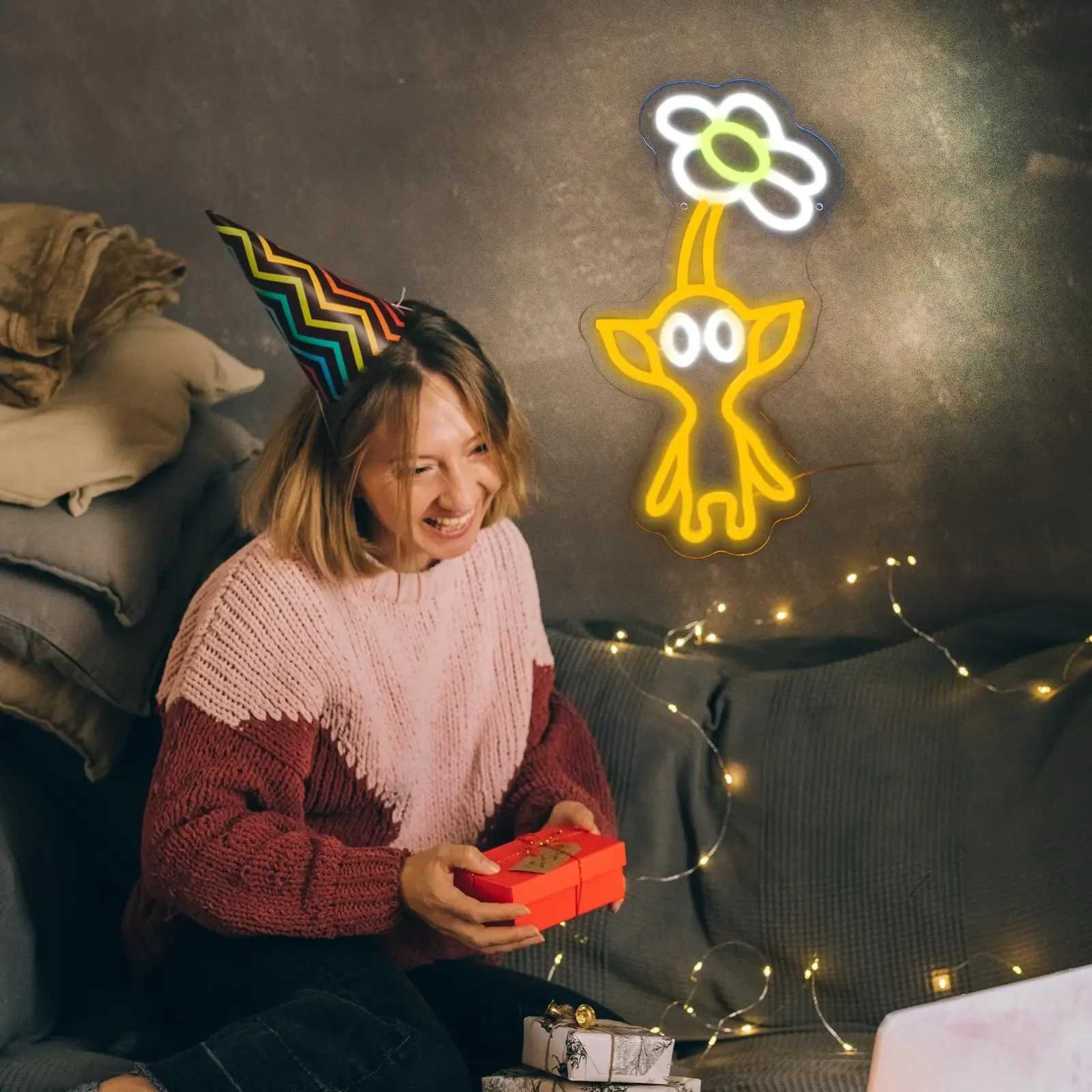 LED Neon Sign for Room Decor Neon Anime Sign Yellow Pikmin Neon Light LED Sign for Gaming Room Birthday Gift USB Z241130