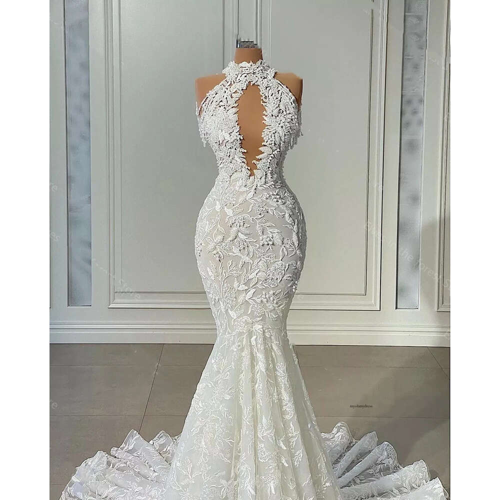 Elegant Women Appliques Mermaid Wedding Dresses Halter Sleeveless Princess Bridal Gown Tulle Shiny Beads Vestido De Novia 0431