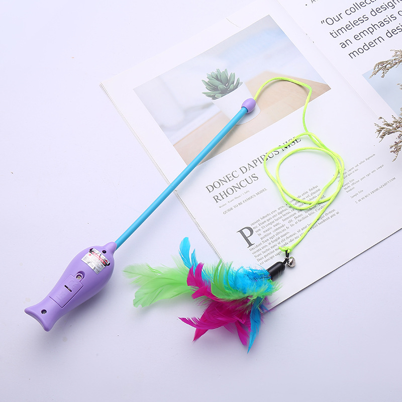 Flexible plastic long pole dolphin handle feather head teaser laser interactive cat toys wholesale