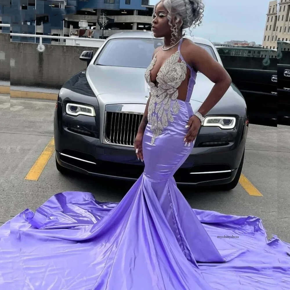 Sexy Lavender Mermaid Prom Dress For Black Girls 2024 Sier Beaded Rhinestones Party Gala Gown Robe De Soiree 0431