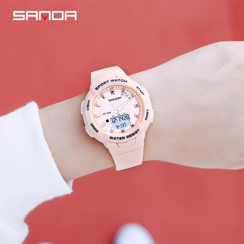 SANDA 6005 Womens Casual G-style Quartz Watch Sports Waterproof Wristwatches Dual Time Fashion White Clock Lady Digital Watches 240428