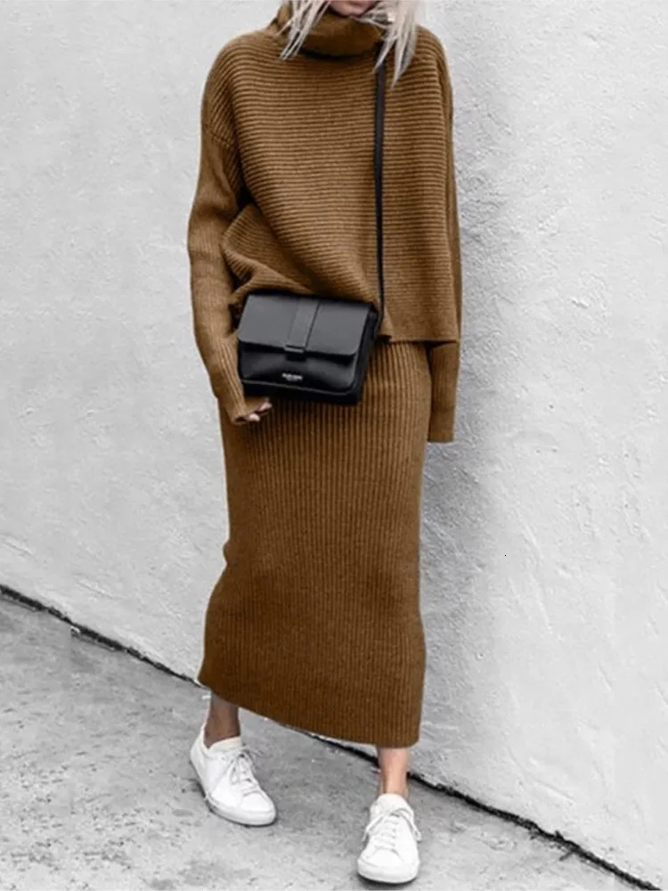Solid Color Knitted Skirts Two Piece Set Women Winter Knitting Turtleneck Sweater Slim Skirt 2 Sets Lady Trendy Streetwear 241129
