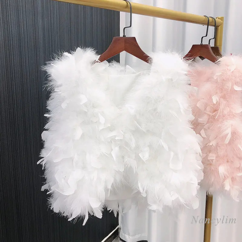 Vest For Women New V-Neck Autumn Sweet Short High Waist Real Ostrich Feather Fur Birthday Party Wear Lady Princess Vests