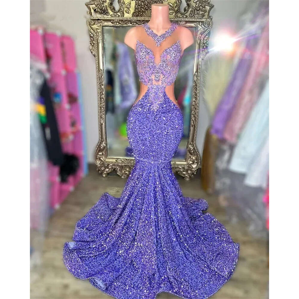 Diamonds New Prom Purple Mermaid Dresses For Black Girls Bead Crystal Rhinestones Gown Birthday Party Gowns S S