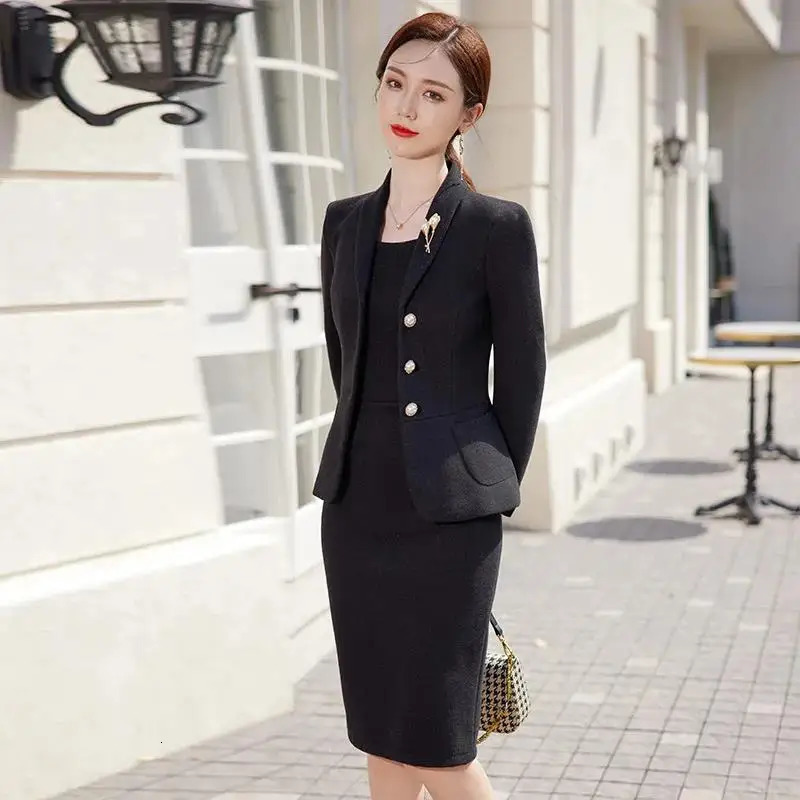 2023 Autumn Work Wear Womens Suit Elegant Solid Blazer Sleeveless Dress 2 Piece Set Single Breasted Jacket Plus Size S5XL 241129