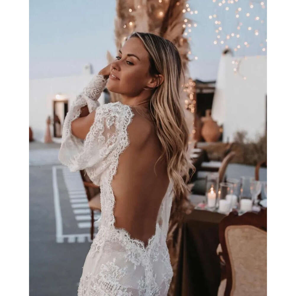 Lace Bohemian V Neck Elegant Dresses Wedding Gown Boho Beach Bridal Dress Long Sleeves Open Back Vestido Novia
