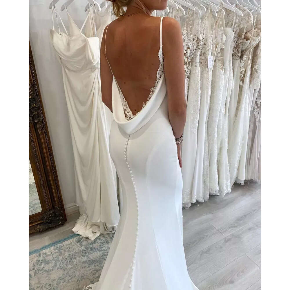 Spaghetti Wedding Sexy Mermaid Backless Straps Lace Appliques Button Covered Open Back Long Bridal Gowns Dresses Custom Made Bc15453