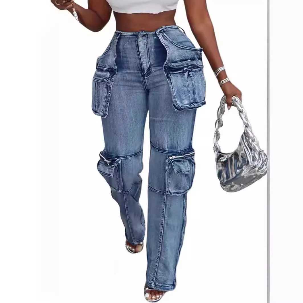 Women's Jeans Retro washed womens jeans ankle length spliced cargo pants denim pockets high waisted T-shirt loose fit 2024 H241130