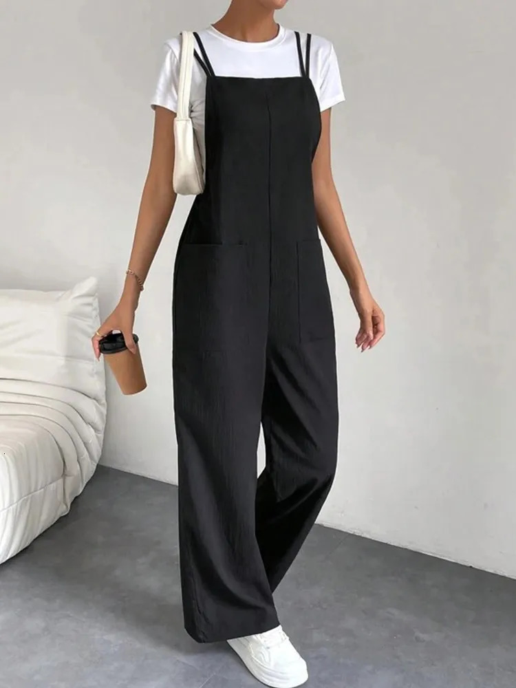European and American Suspender Jumpsuit Womens 2024 Summer Fashion Casual Solid Long Wide Leg Women Overalls 241120
