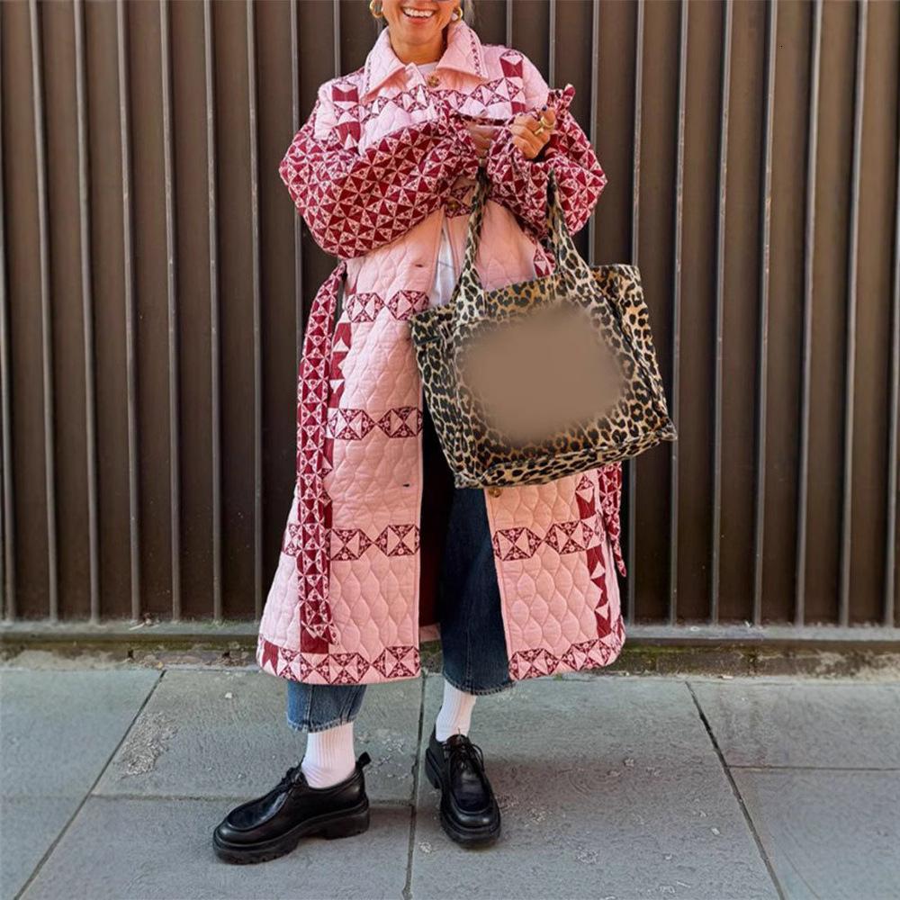 Collar Patchwork Printed Long Sleeved Cotton Jacket, New Pink Loose Fit With Waistband And Tie Up Jacket