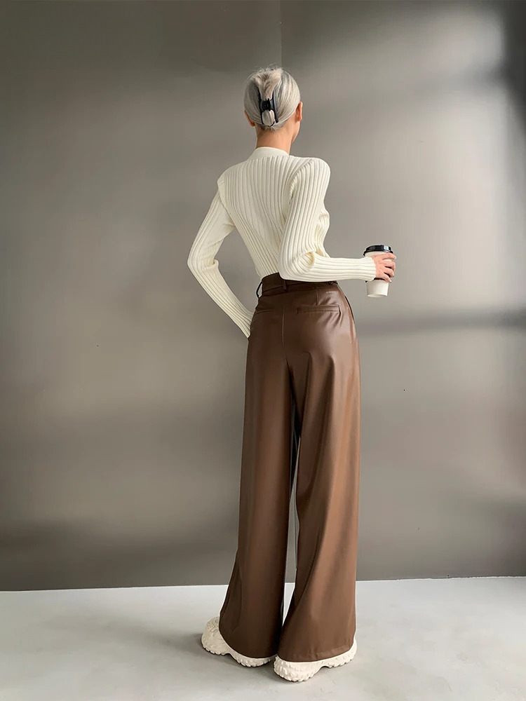 Lautaro Spring Autumn Loose Casual Wy Soft Black Brown Pu Leather Wide Leg Pants For Women High Waist Emo Korean Fashion