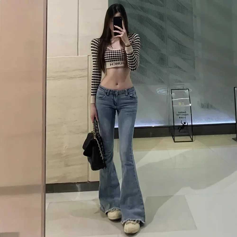 Women's Jeans American style weight loss edge jeans womens autumn retro low waist micro flame denim elastic band ultra-thin decal denim H241130