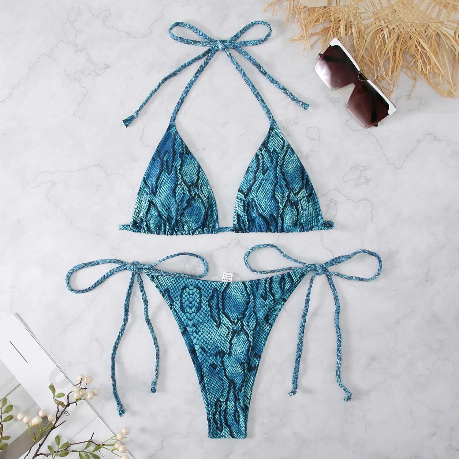 Women's Swimwear Snake Print 2-piece womens swimsuit 2024 new triangle bikini summer beach vacation suspension backless lace swimsuit H241130