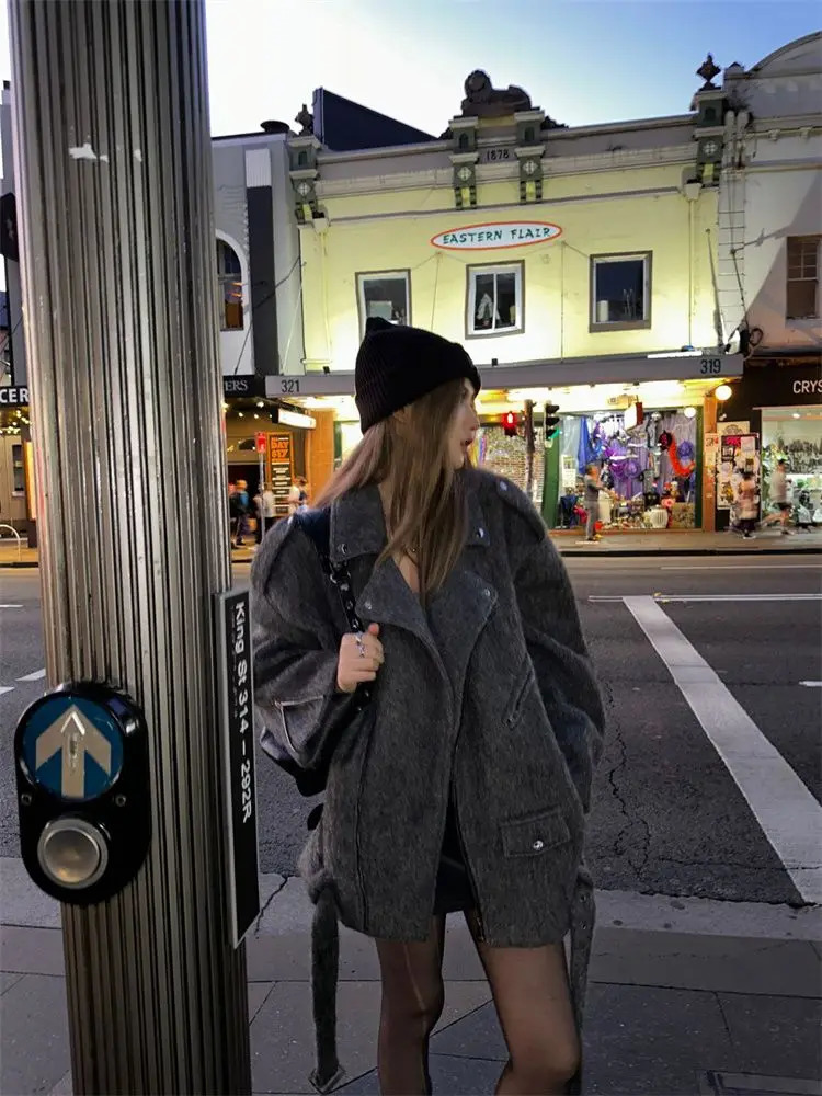 Korean Fashion Spicy Girl Style Highend Woolen Coat Women Clothing Winter Clothes Temperament Mid Length Gray Suit 241129