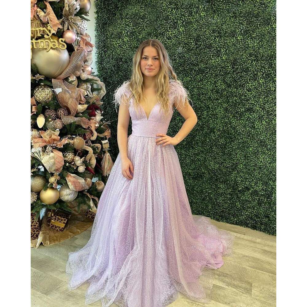 Sequin V Neck Prom Dresses Feather Ball Gown for Women Tulle Formal Evening Party Gowns prom AMZ s
