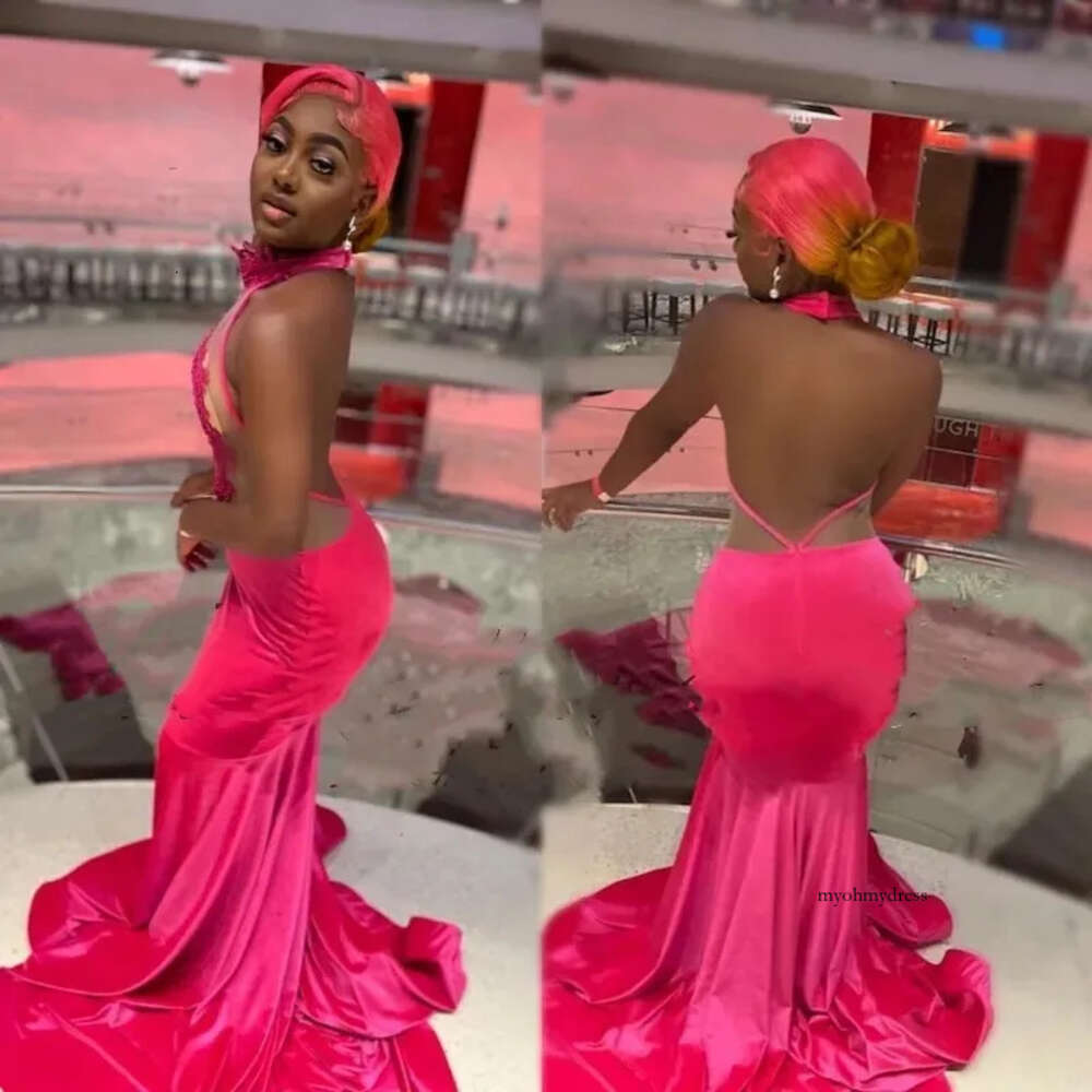 Sexy Backless Lace Magenta Prom Dresses For Woman 2024 Halter Beading Veet Mermaid Party Gowns Birthday Outfits Long 0431