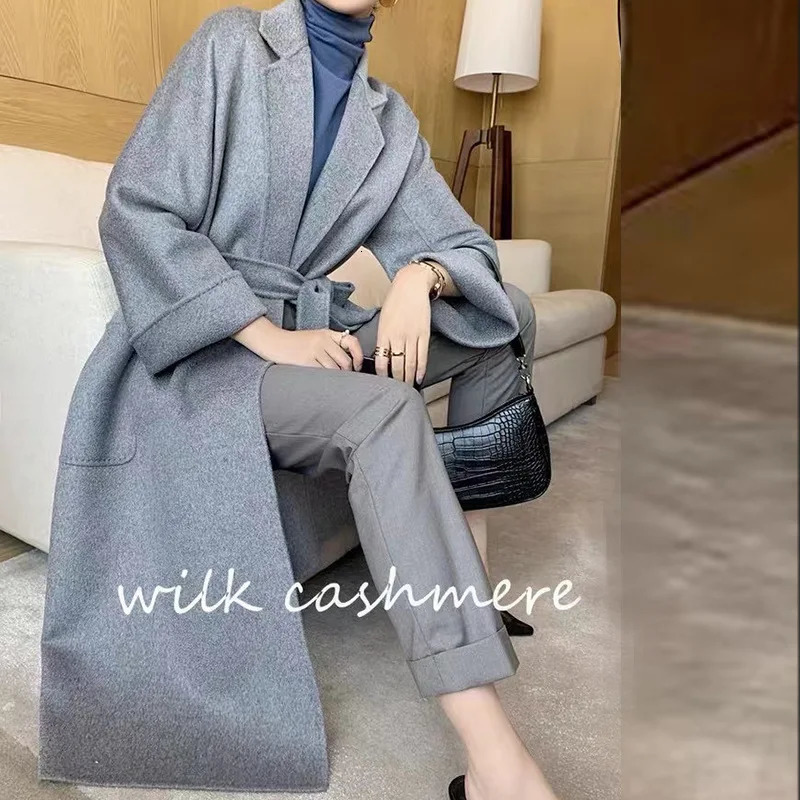 2024 High End Water Ripple Doublesided Wool Coat Women Long Bathrobe Style Autumn Winter Jacket Female 241129