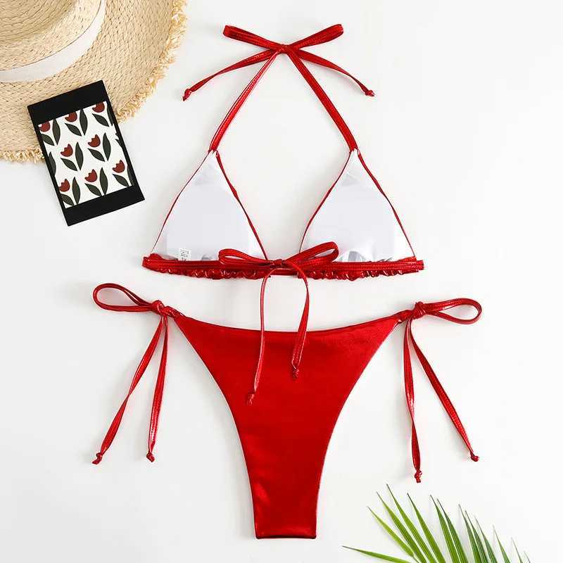 Women's Swimwear Sexy red shiny triangle mini thong bikini set suitable for women mini swimsuit bead suspender bikini drone swimsuit 2024 H241130