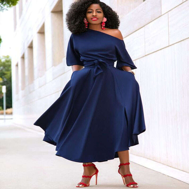 spring summer European and American women's single shoulder lace up waist slimming mid length dress 2024 new casual fashion trend clothing