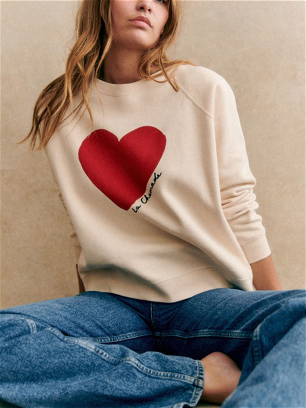Women Heart-Shaped Print Sweatshirt Spring New O-Neck Ladies Long Sleeve Female 3 Colors Loose Pullover Tops
