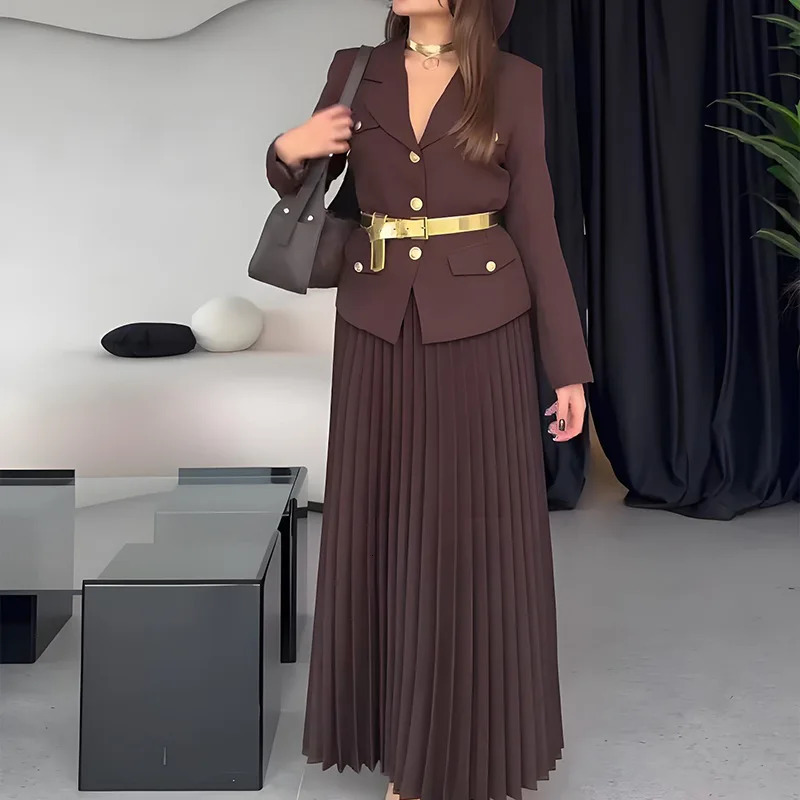 Long Dresses for Women Two Piece Dress Autumn Suit Collar Sleeve Pleated Skirt ALine Slim Belt Black Twopiece Set 241129
