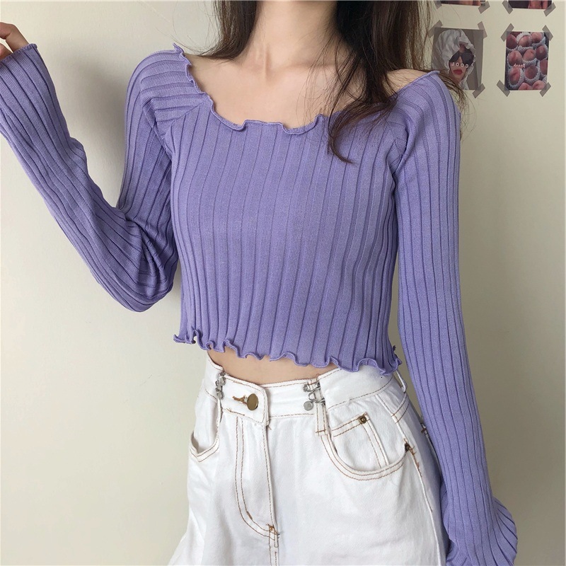 New mushroom edged slim fit single shoulder exposed navel women's T-shirt short sleeved sweater long sleeved top designer sweater