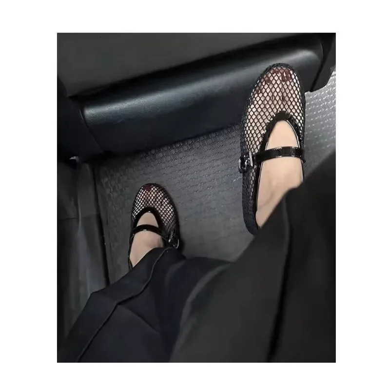 2024 Ballet Flat Shoes Woman Mesh Hollow Outs Mary Jane Flats Black Loafers Summer Walking Footwear Size 42 241126