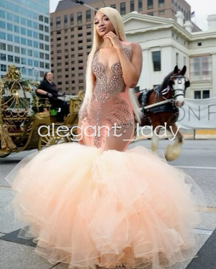 Champgne Blush Sparkly Prom Formal Gala Dresses for Black Girl Luxury Diamond Ruffles Skirt Evening Birthday Dress Sheer