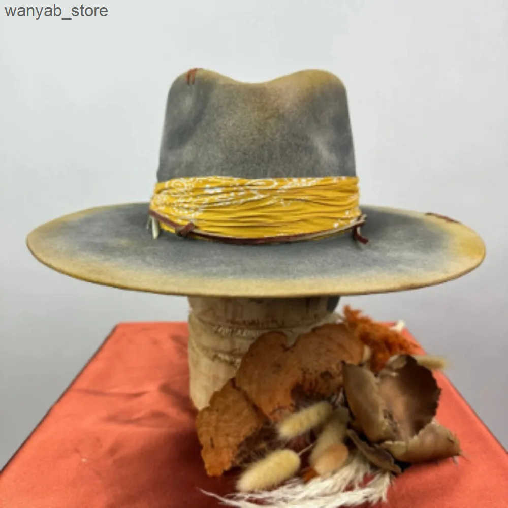 Wide Brim Hats Bucket Hats Ethnic style hats with worn out woven straps pure wool felt hats outdoor fashionable wool hats L240910