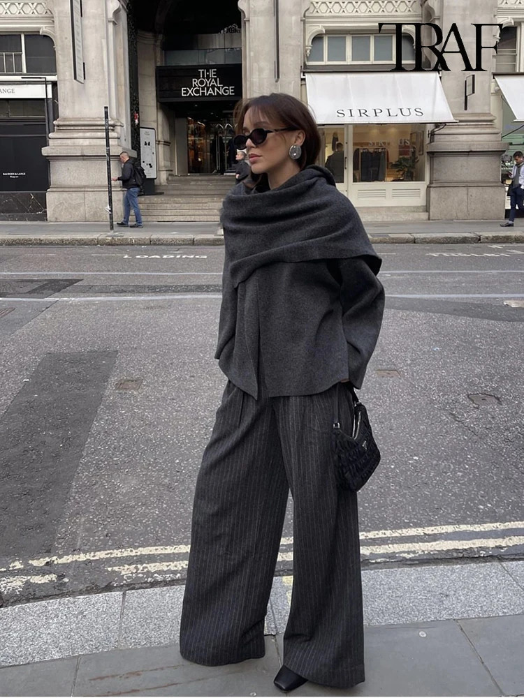 TRAF Womens Autumn and Winter Irregular Scarf Knit Short Coat Casual Solid Color Loose Jacket SingleBreasted Long Sleeve 241121