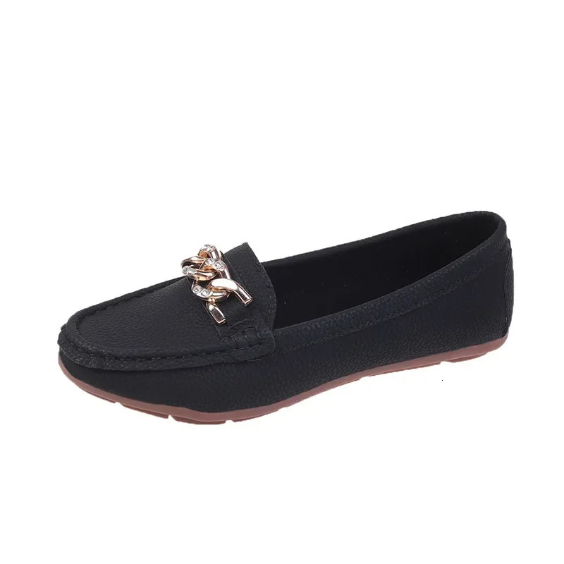 Spring Autumn Bean Shoes Female Women Round Head Low Heel Metal Chain Casual Footwear Mother Lady Loafer 241126