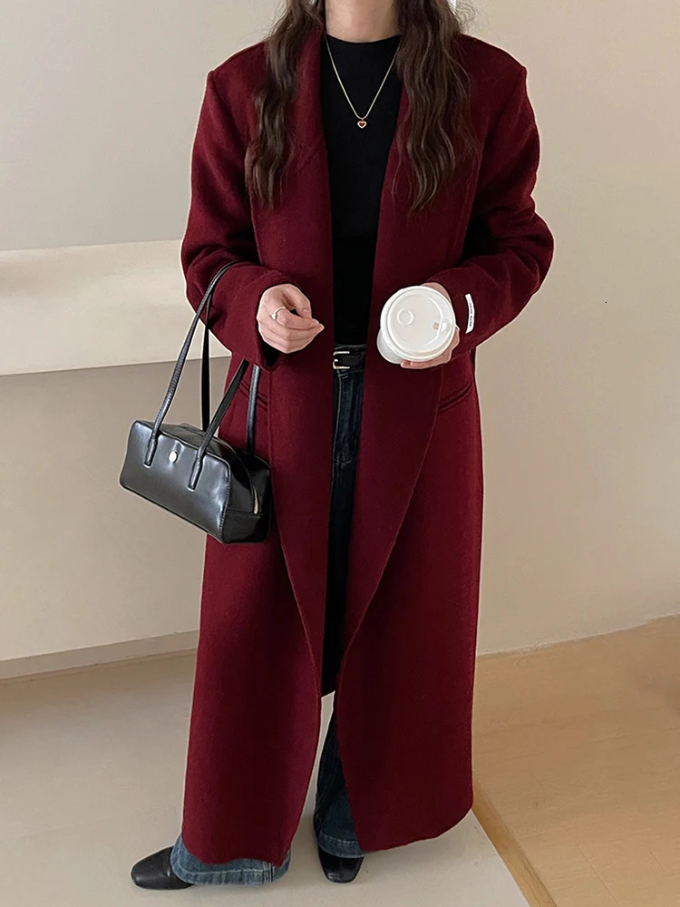 LANMREM Womens Belt Gathered Waist Wool Coats Notched Long Sleeve Office Lady Warm Female Outwear 2024 Winter 26C1186 241129