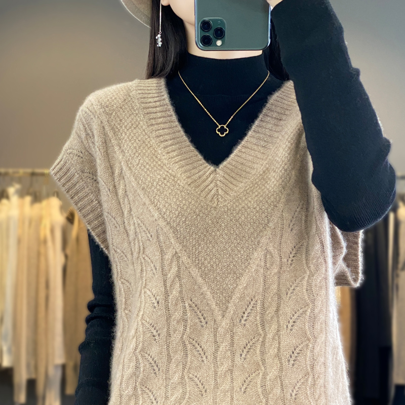 Women V-Neck Solid Color Pullover Warm Loose Knit Vest For Autumn Winter 100% Merino Wool Sweater