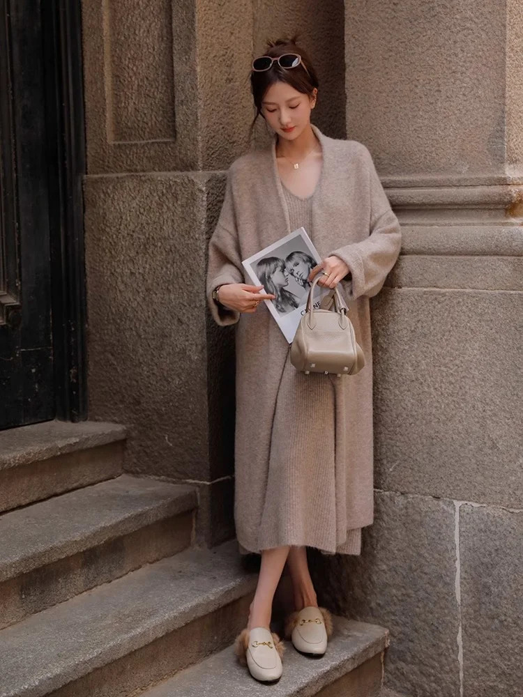 2023 Womens Autumn and Winter Thickened Comfortable Loose Long Sweater Jacket Knitted Dress Two Piece Set 241129