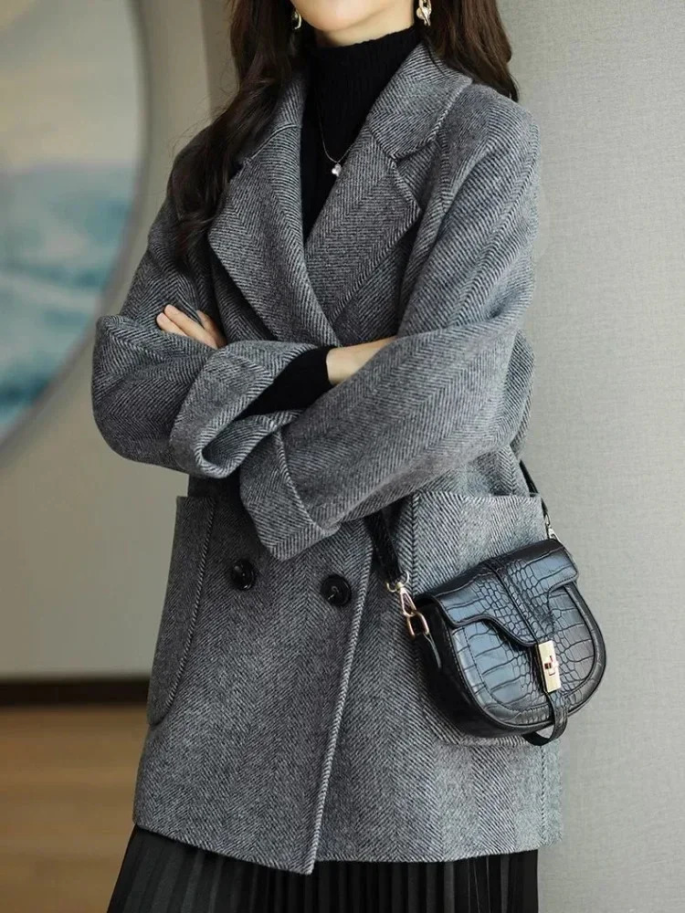 Winter Wool Coats Fashion Overcoat Female Elegant Solid Thick Woolen Coat Double Breasted Long Jackets Office Trench Women 241121