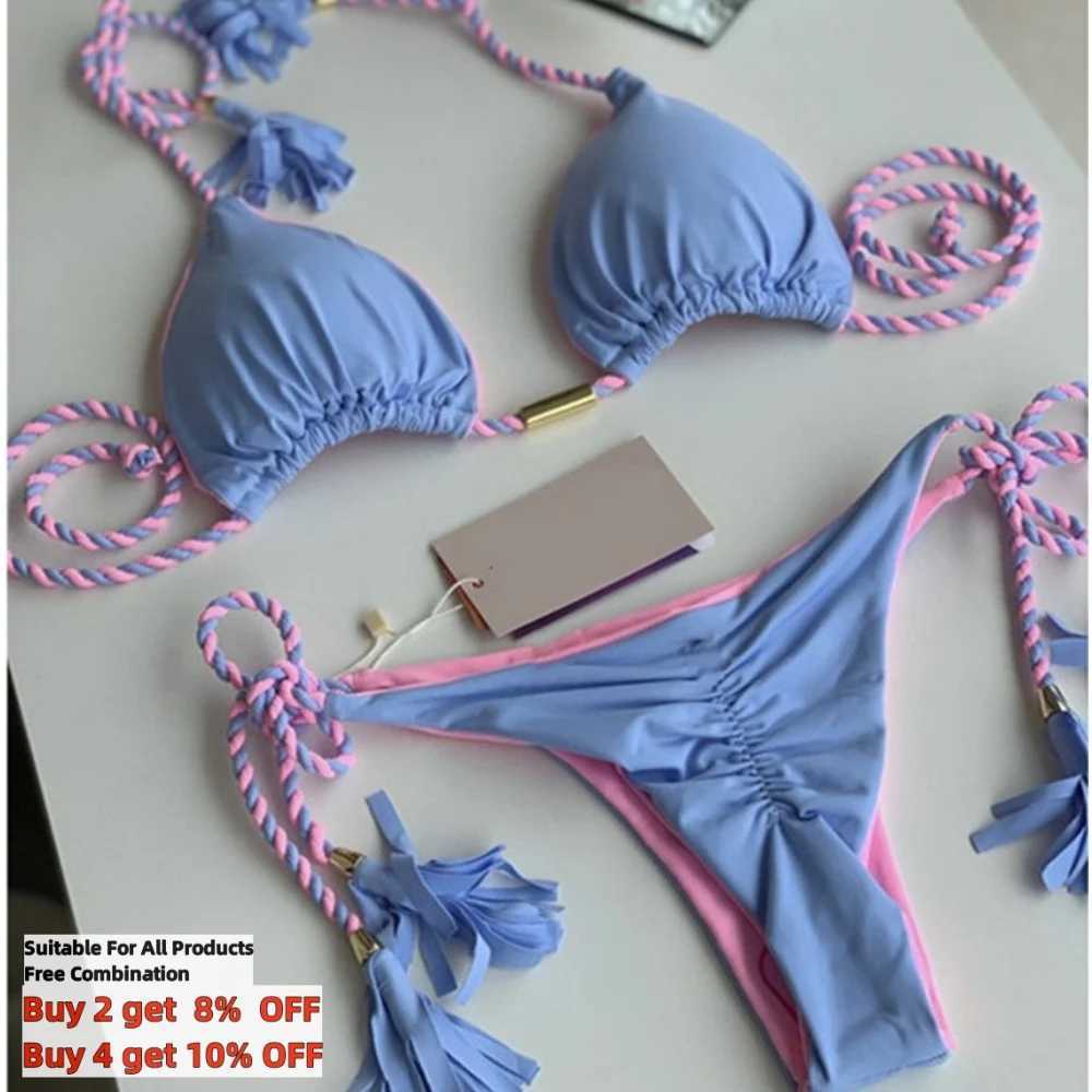 Women's Swimwear Wholesal Bikini Set 14 Solid Colors) S-XL Hand Braided Rope Swimsuit Two Piece Swimwear Lanyard Bathing Suit Beachwear H241130