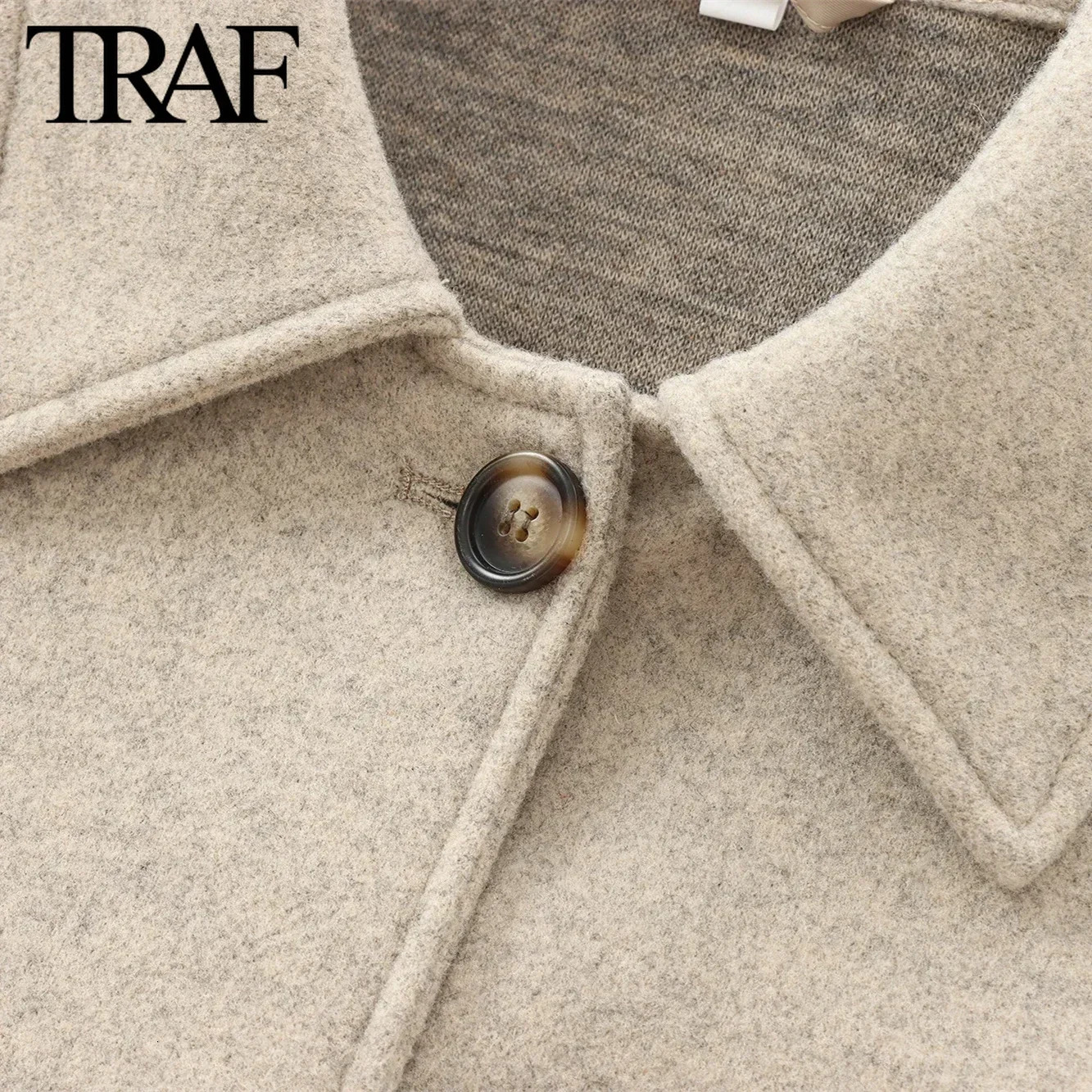 TRAF Women Fashion Autumn Winter Pocket Loose Coat Jacket Long Sleeved Single Breasted Lapel Coats Chic Ladies Tops Mujer 241121