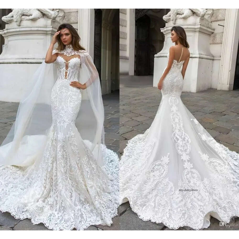 Dubai Arabic New Mermaid Dresses High Jewel Neck Button Court Train Bridal Gowns Wedding Vestidos De Noiva Formal Dress