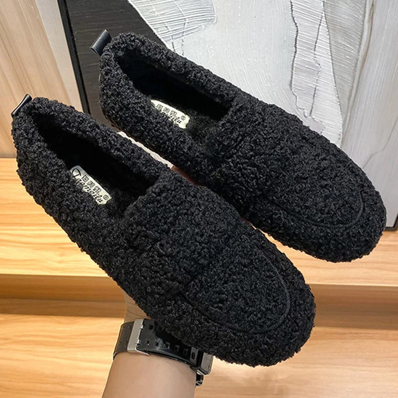 Plus Size Women Shearling Flats Furry Lambswool Mocasines Mujer Warm Cotton Shoes Ladies Slip On Sheep Fur Lined Loafers Winter 241126