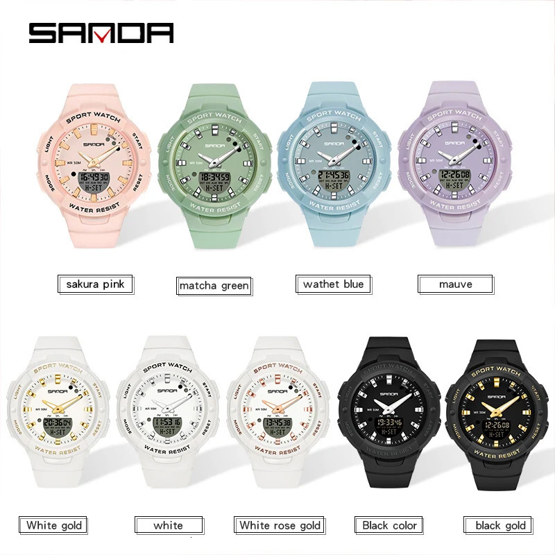 SANDA 6005 Womens Casual G-style Quartz Watch Sports Waterproof Wristwatches Dual Time Fashion White Clock Lady Digital Watches 240428