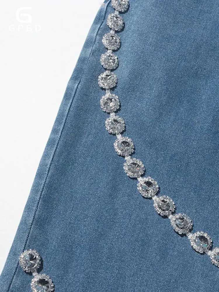 Women's Jeans Diamond Chain Jeans y2k Clothing Womens High Waist Wide Leg Beaded Denim Pants Fashion Mens Clothing H241130