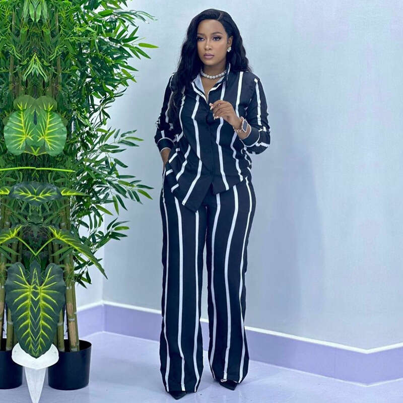 African New European And American Trade Casual Sleeved Shirt Long Pants Women's Two-Piece Set