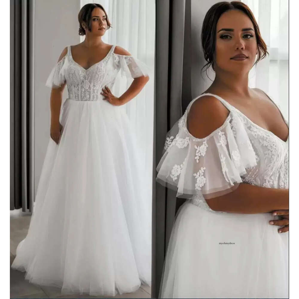 White Plus Size Wedding Dress A Line Sexy V Neck Straps Off The Shoulder Bridal Gowns Corset UP Back Sweep Train Lace Marriage Dresses 0431