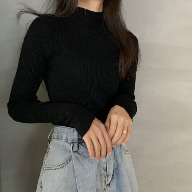 Autumn and winter new semi high neck short sweater fashionable multifunctional slim fit long sleeved underwear designer women's knitted sweater