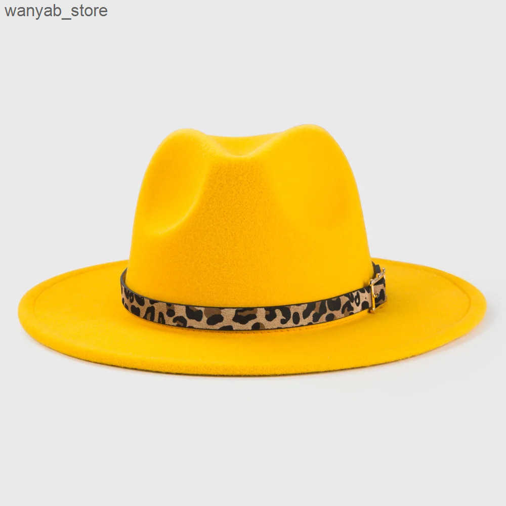 Wide Brim Hats Bucket Hats Yellow fedora inner leopard print spring new hat Panama felt hat for men and women jazz hat fedora hat L240910